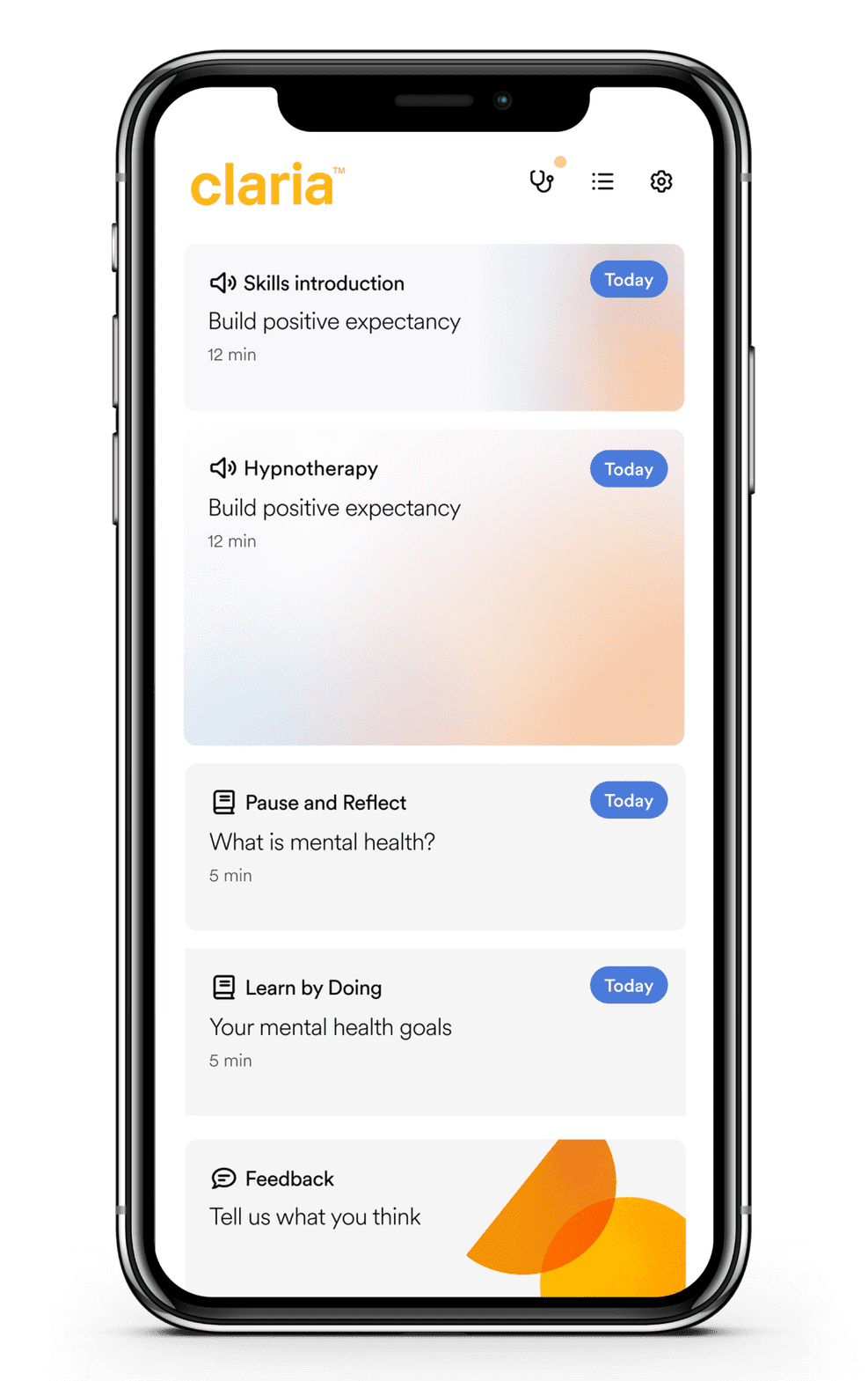 The Claria app's Today screen: Skill introduction, Hypnotherapy, Pause and Reflect, Learn by Doing
